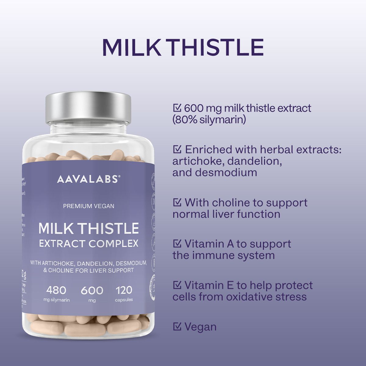 Kapsel-Dose mit Produktinformationen. AAVALABS Mariendistel mit Artischocke, Löwenzahn & Cholin. 120 Kapseln.