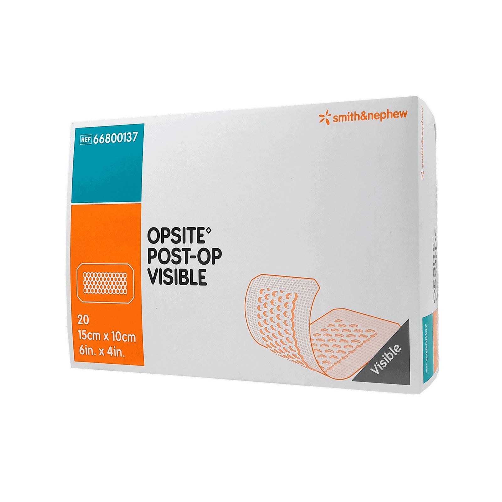 OPSITE Post-Op Visible Verband-Packung. Enthält 20 Verbände. Größe: 15cm x 10cm. Marke Smith & Nephew. Sichtbare Produktabbildung.