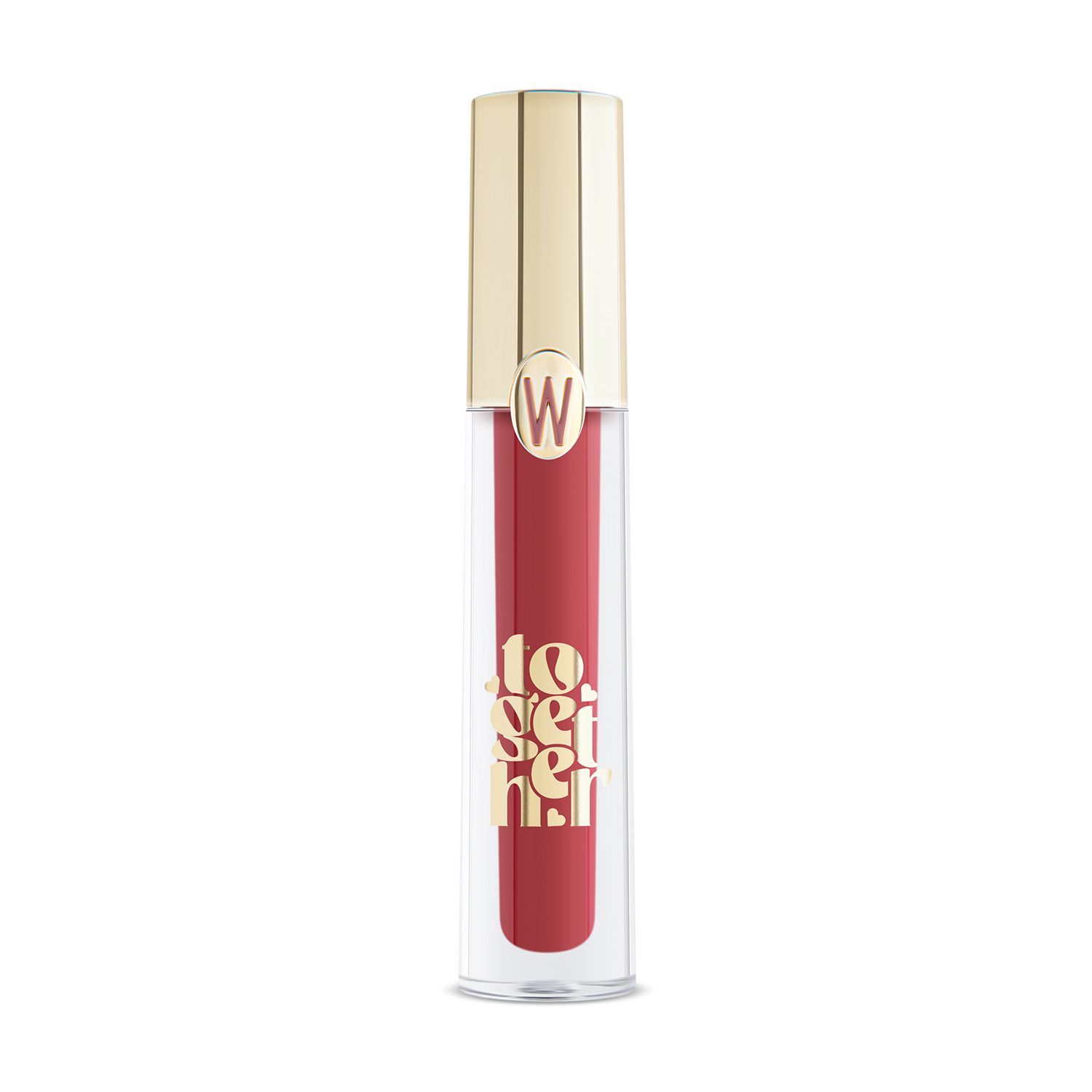 Lucidalabbra rosso in tubo trasparente con tappo dorato. Scritta "Together". Marchio "W".