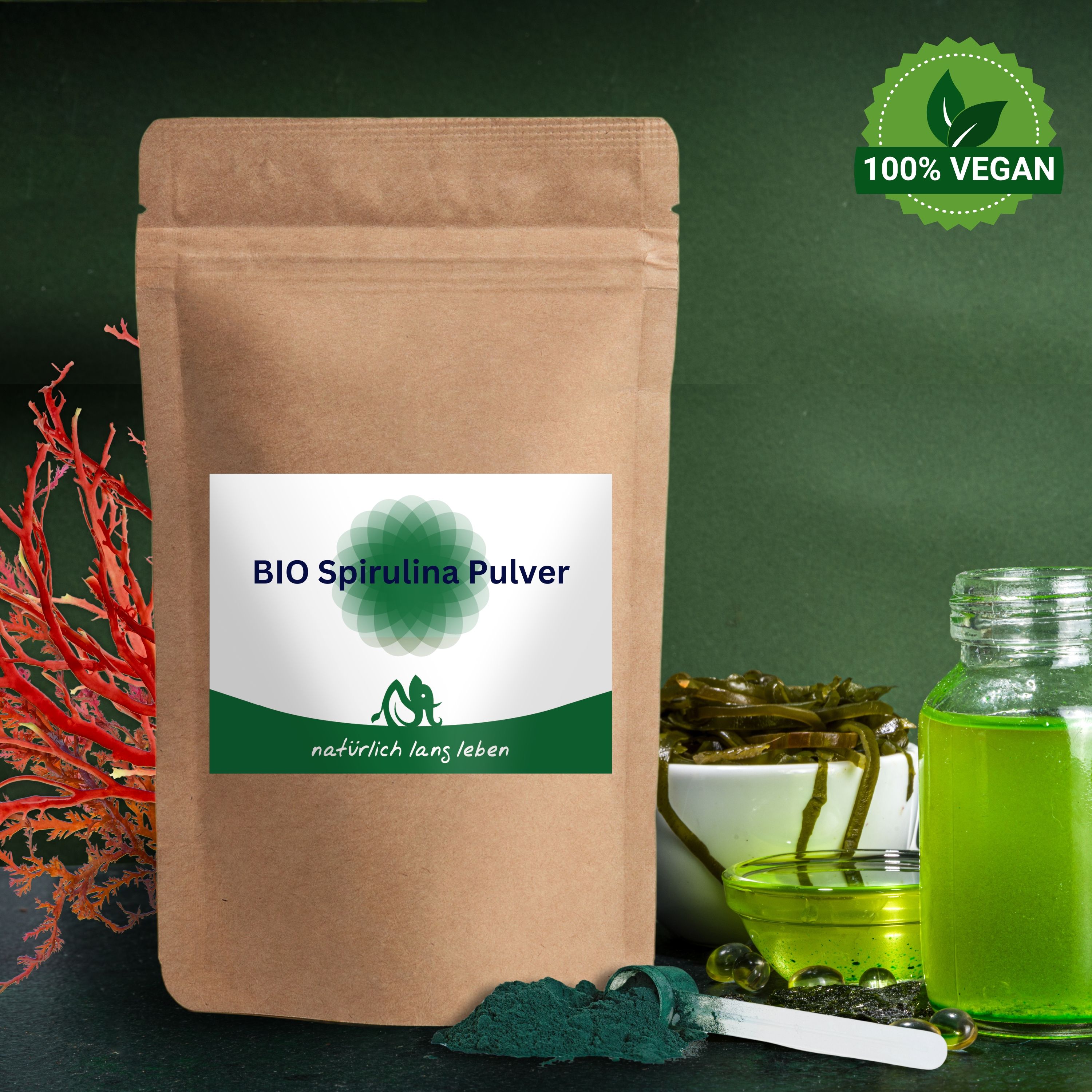 Braune Tüte mit Etikett, daneben Algen, Glasbehälter mit Flüssigkeit, und ein Löffel. Oben rechts: 100% Vegan Siegel.