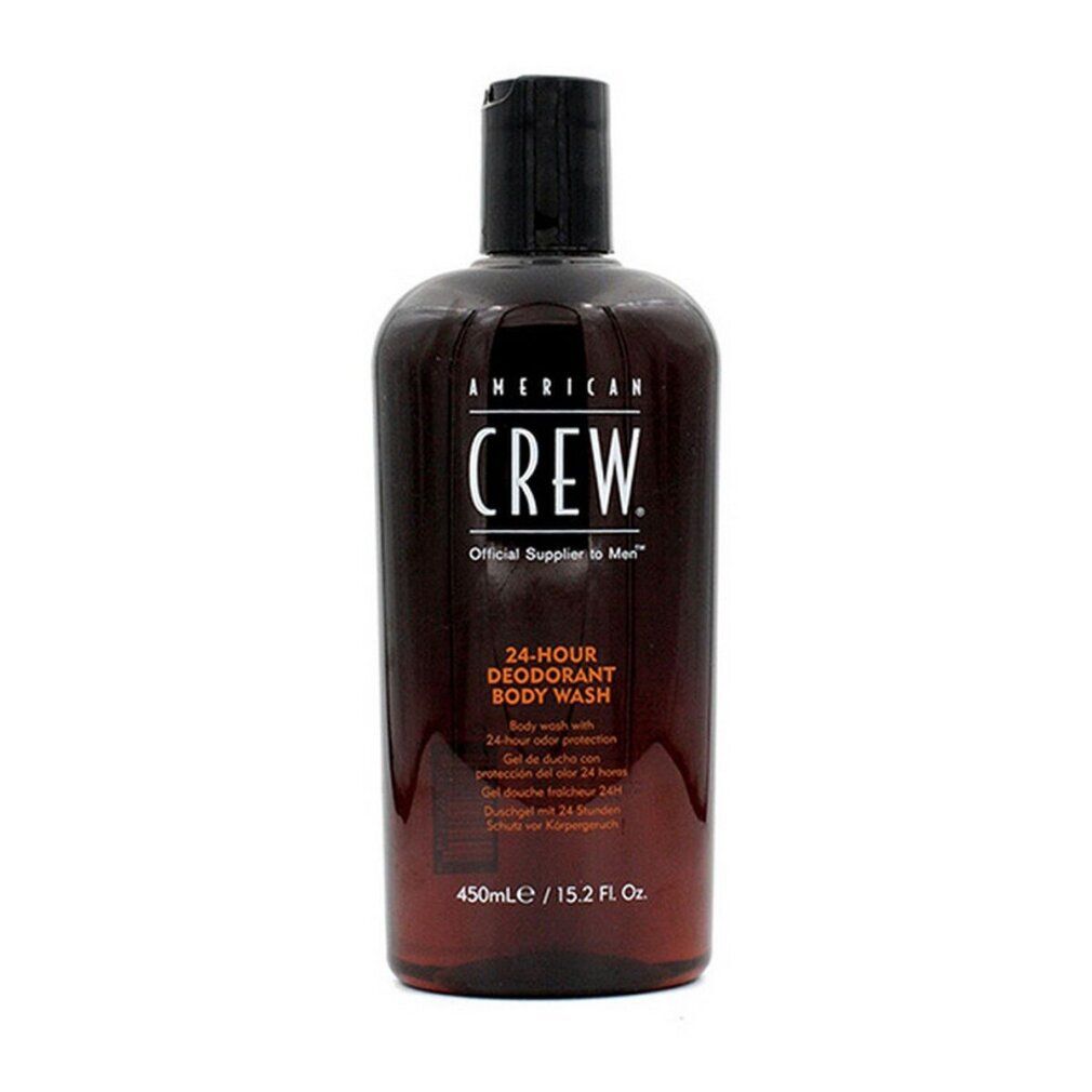 Braune Flasche mit schwarzem Deckel. Aufschrift: AMERICAN CREW, 24-HOUR DEODORANT BODY WASH. Volumen: 450ml / 15.2 Fl. Oz.