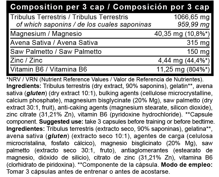 Text mit Nährwertangaben pro 3 Kapseln. Enthält Inhaltsstoffe wie Tribulus Terrestris, Magnesium, Zink und Vitamin B6.