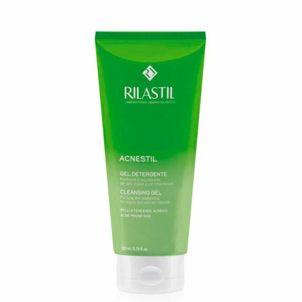 Grüne Tube RILASTIL Acnestil Reinigungsgel. Text: Gel detergente, Cleansing Gel. 200ml.