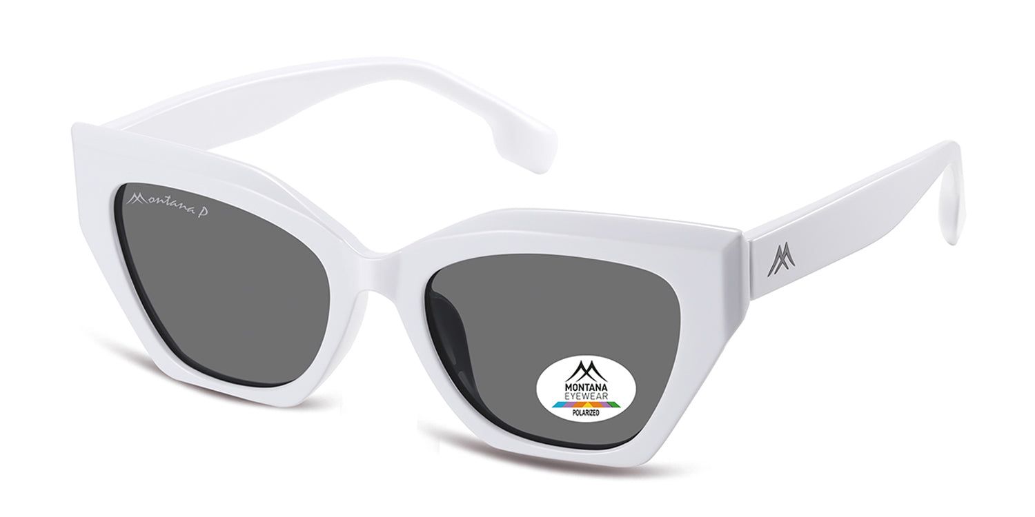 Weiße Sonnenbrille mit grauen Gläsern. "Montana P" auf dem linken Bügel. Auf dem rechten Glas befindet sich ein Aufkleber mit Logo und Schriftzug.