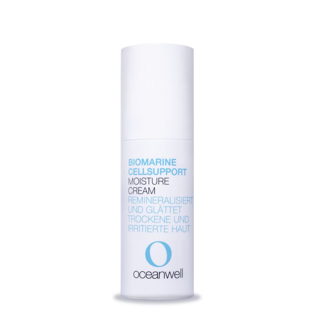 Zylindrische, weiße Flasche mit blau-grauer Schrift. Text: Biomarine Cellsupport Moisture Cream. Oceanwell-Logo.