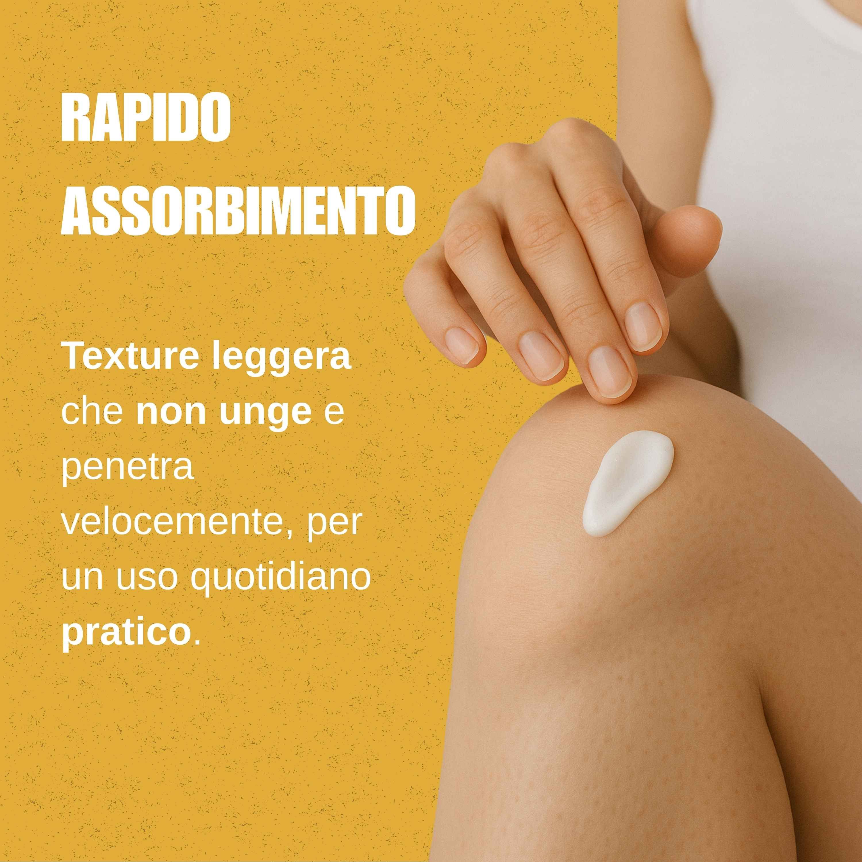 Nahaufnahme einer Hand, die eine leichte Creme auf ein Knie aufträgt.