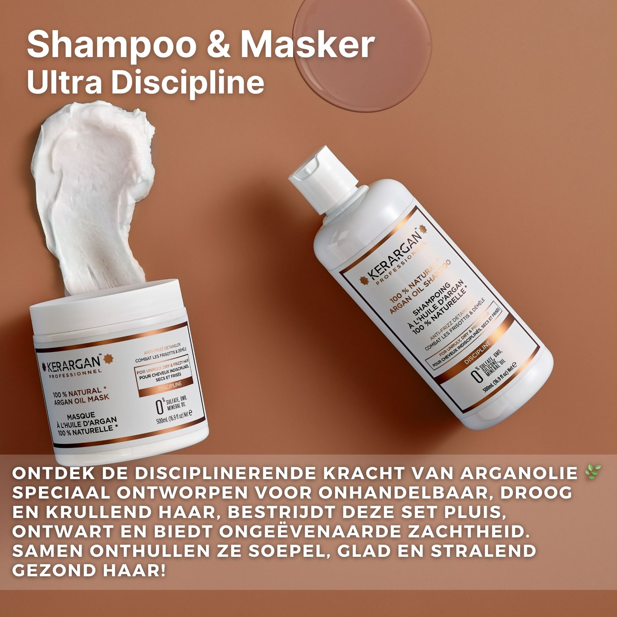 Shampoo en masker met arganolie. Twee witte containers. Tekst: Kerargan, 100% natuurlijk. Voor weerbarstig, droog haar.