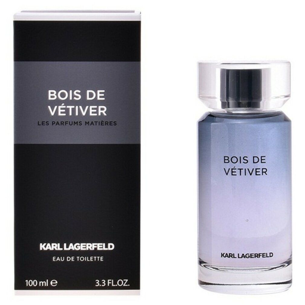 Karl Lagerfeld Bois de Vétiver Eau de Toilette Spray. Flakon und Verpackung. Schwarze Verpackung mit Produktnamen. Glasflakon mit Deckel.