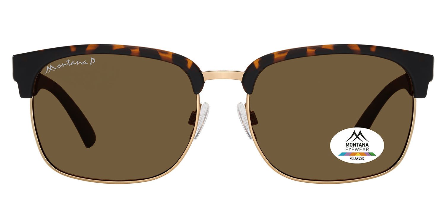 Sonnenbrille mit braunen Gläsern und goldfarbenem Rahmen. Schwarzer oberer Rahmen mit Schildpattmuster. Montana Eyewear Logo auf dem Glas.