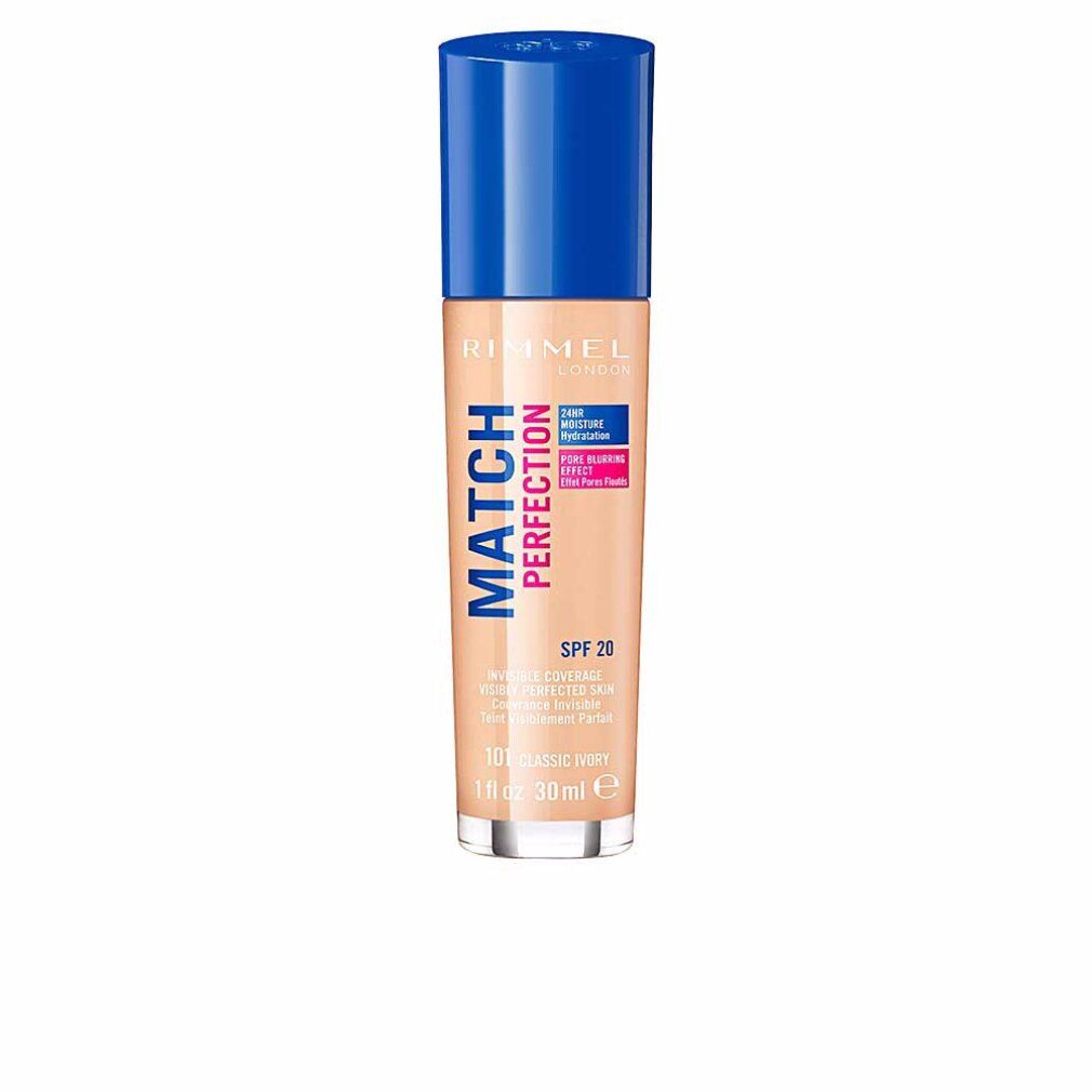 Rimmel London Match Perfection Foundation. Flasche mit blauem Deckel. Farbton 101 Classic Ivory. SPF 20.