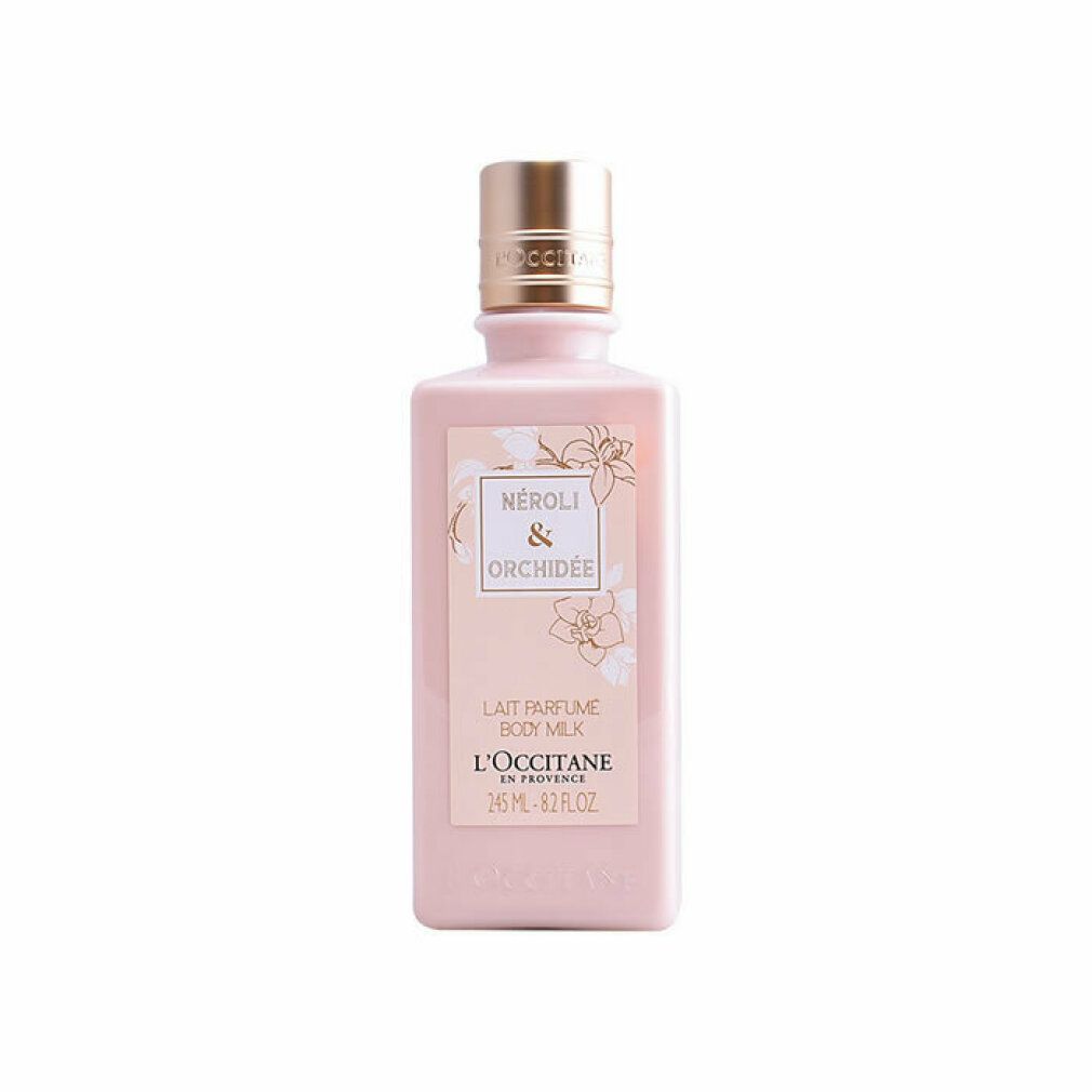 Rosa Körperlotion-Flasche mit goldfarbenem Deckel. Etikett mit "Néroli & Orchidée" und "Lait Parfumé Body Milk".