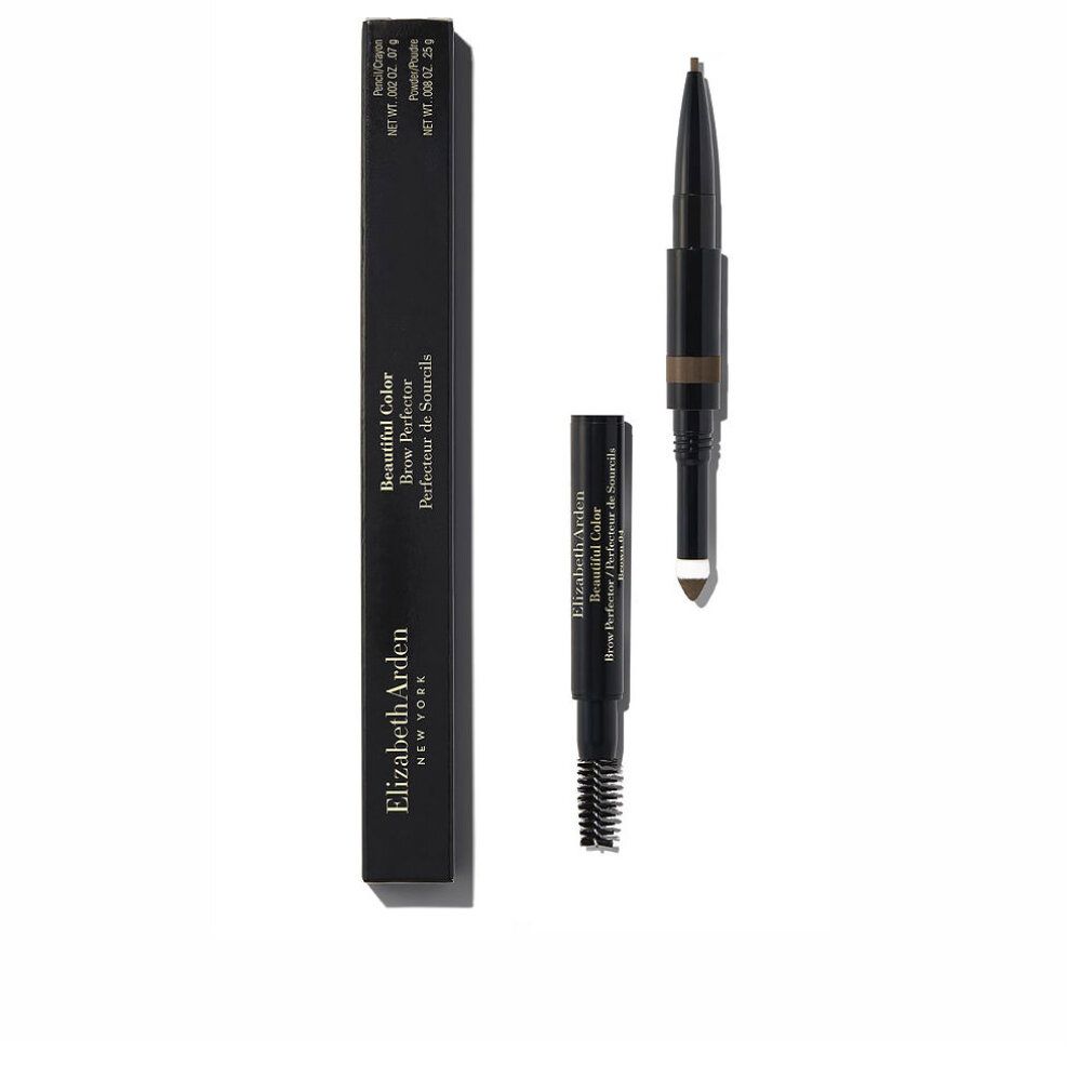 Brauner Augenbrauenstift mit Bürste und Spitze. Schwarze Verpackung mit Produktname: Elizabeth Arden Beautiful Color 3 In 1 Eyebrow.