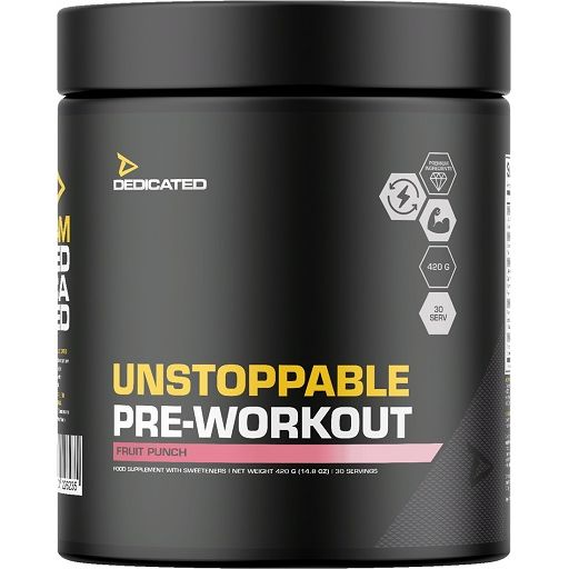 Schwarzer Behälter mit gelbem "UNSTOPPABLE PRE-WORKOUT"-Text. "DEDICATED"-Logo oben. Rosa Streifen. 420g, 30 Portionen.