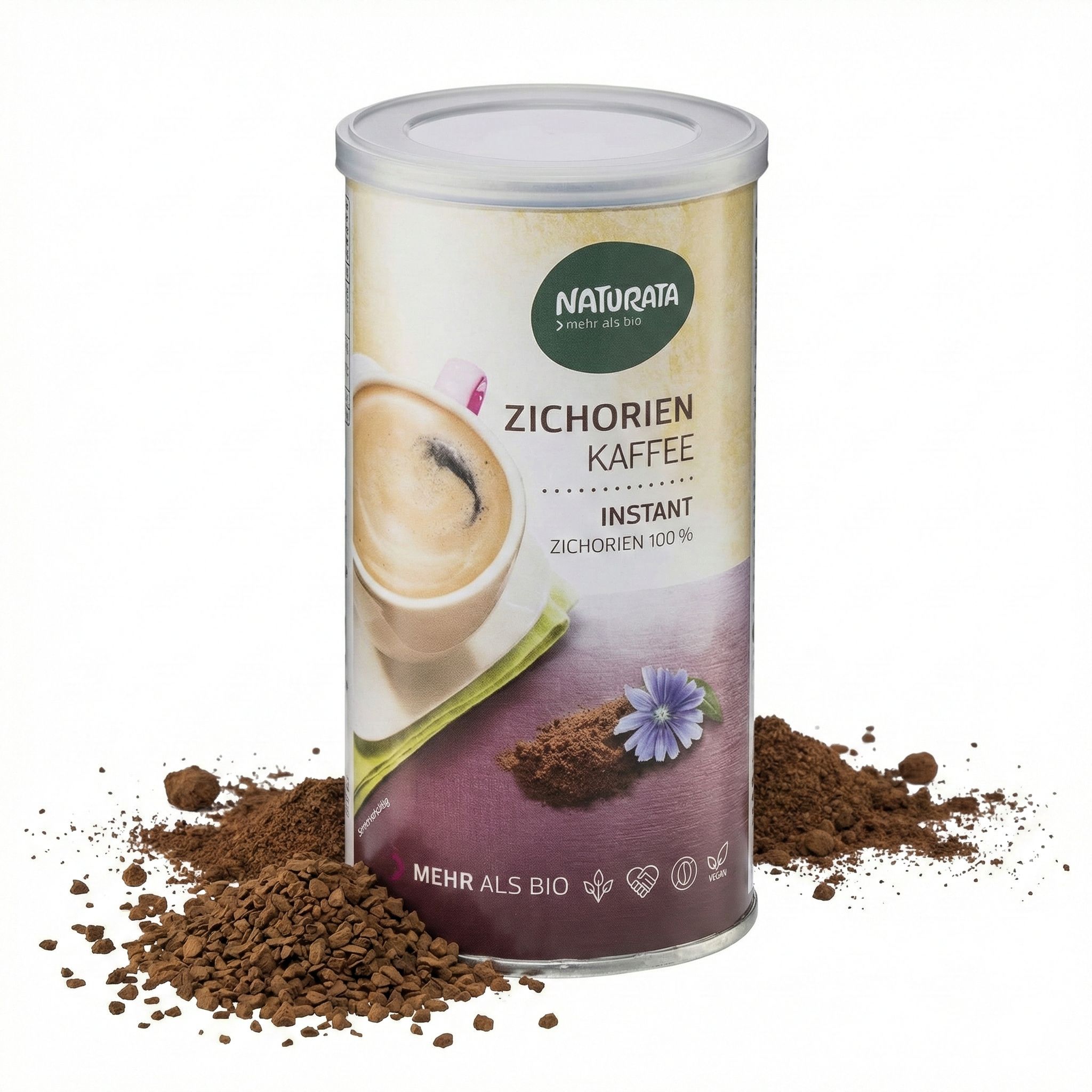Naturata Zichorien Kaffee Instant Dose mit Kaffeepulver und einer blauen Blüte.