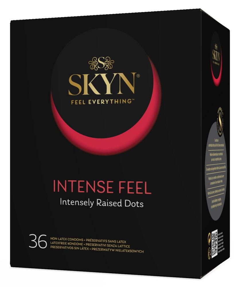 Schwarze Verpackung mit SKYN-Logo und Produktbezeichnung INTENSE FEEL. 36 Stück. Mit Text in mehreren Sprachen.