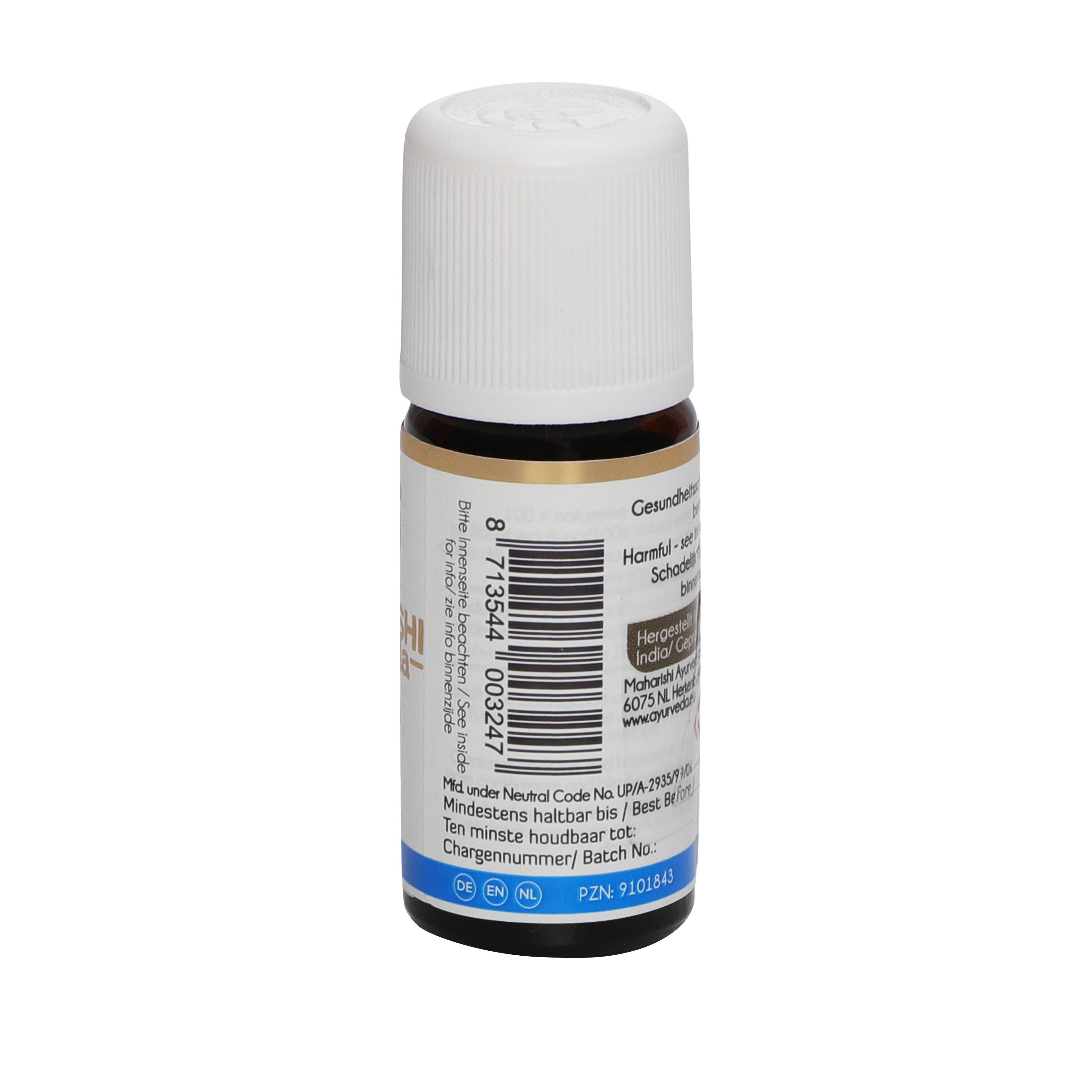 Rückseite einer braunen Glasflasche mit weißem Deckel. Etikett mit Barcode, Text und Informationen. Blaue und goldene Akzente.