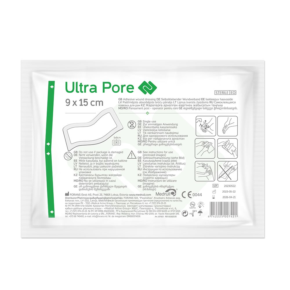 Ultra Pore Wundpflaster 9 x 15 cm. Sterile Einzelverpackung mit Anwendungshinweisen.