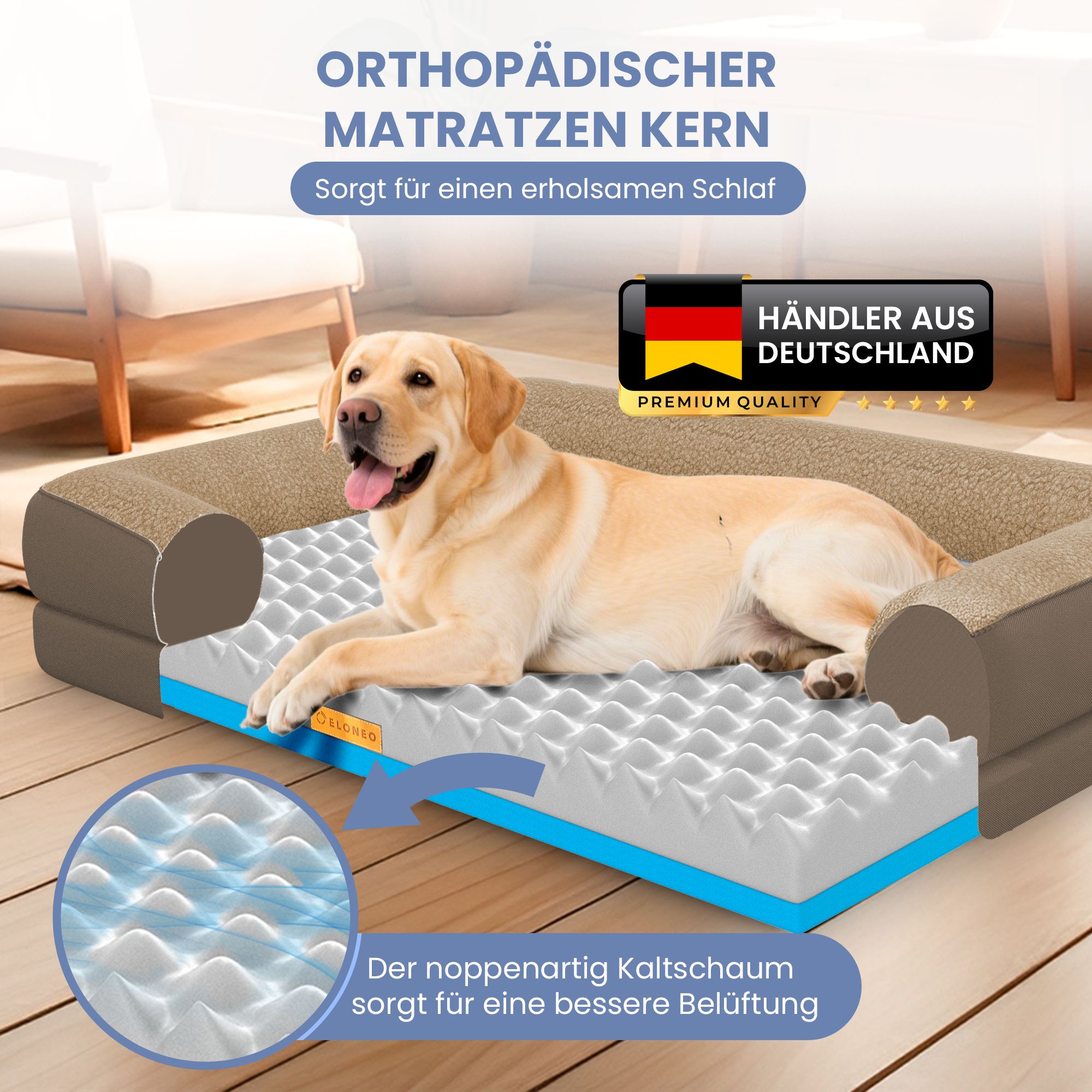 Orthopädisches Hundebett, braun. Mit Hund. Kalteschaum-Matratze für bessere Belüftung. Logo und Text.