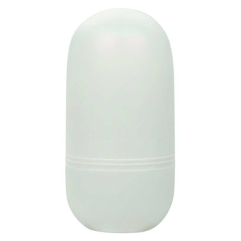 Weiße, ovale Verpackung für ein Deodorant. Mit zwei feinen Rillen in der Mitte.