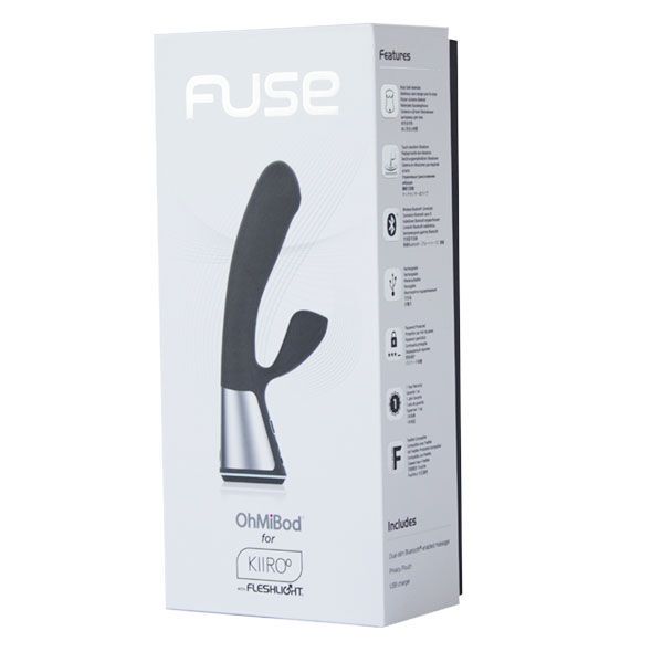 Produktverpackung mit Produktabbildung. Text: FUSE, OhMiBod, Kiiroo. Schwarz und weiß.