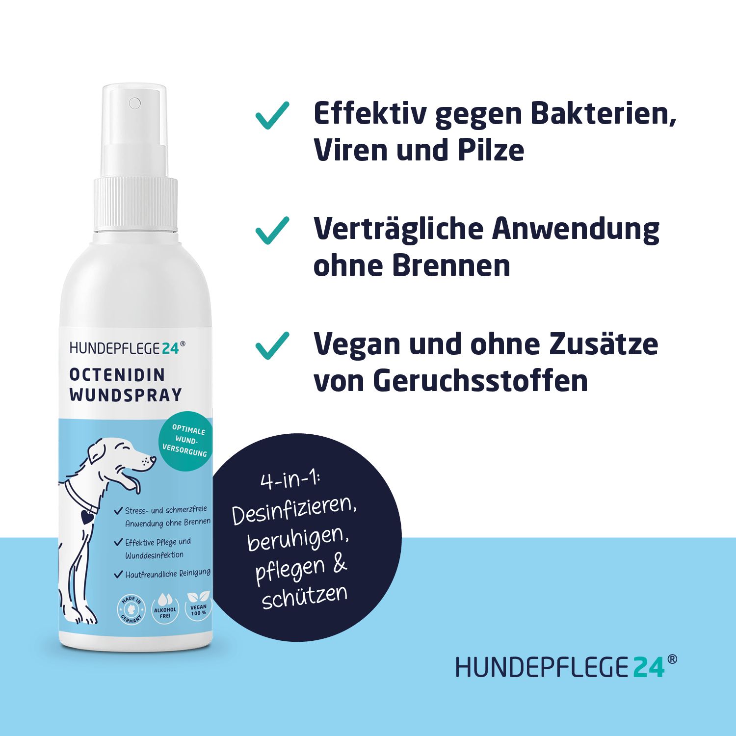 Produktabbildung mit Text. Text: Wirksam gegen Bakterien, Viren und Pilze. Verträgliche Anwendung ohne Brennen. Vegan und ohne Geruchsstoffe.