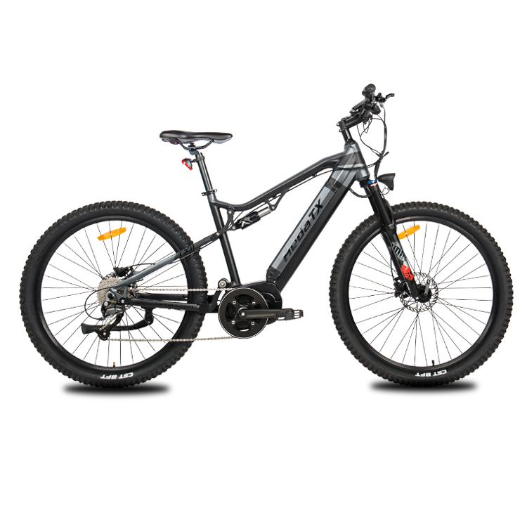 E-Mountainbike HedaTX TX11, schwarz, mit Mittelmotor und 48V 15Ah Akku. Schwarze Reifen, Sattel und Lenker.