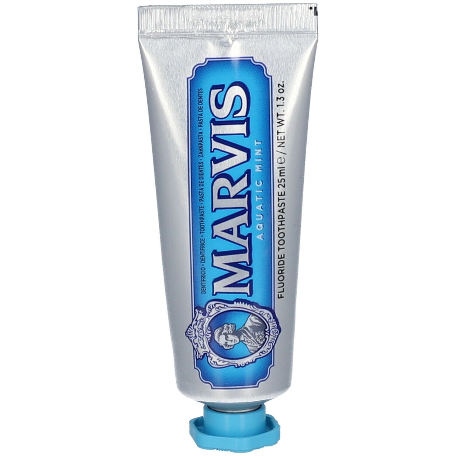 Tube de dentifrice avec bouchon bleu. Tube argenté avec étiquette bleue. Inscription MARVIS AQUATIC MINT et portrait.