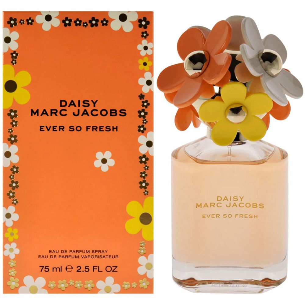 Parfümflakon und Schachtel. Flakon mit bunten Blüten. Aufschrift: Daisy Marc Jacobs Ever so Fresh. Schachtel orange mit Blumen.