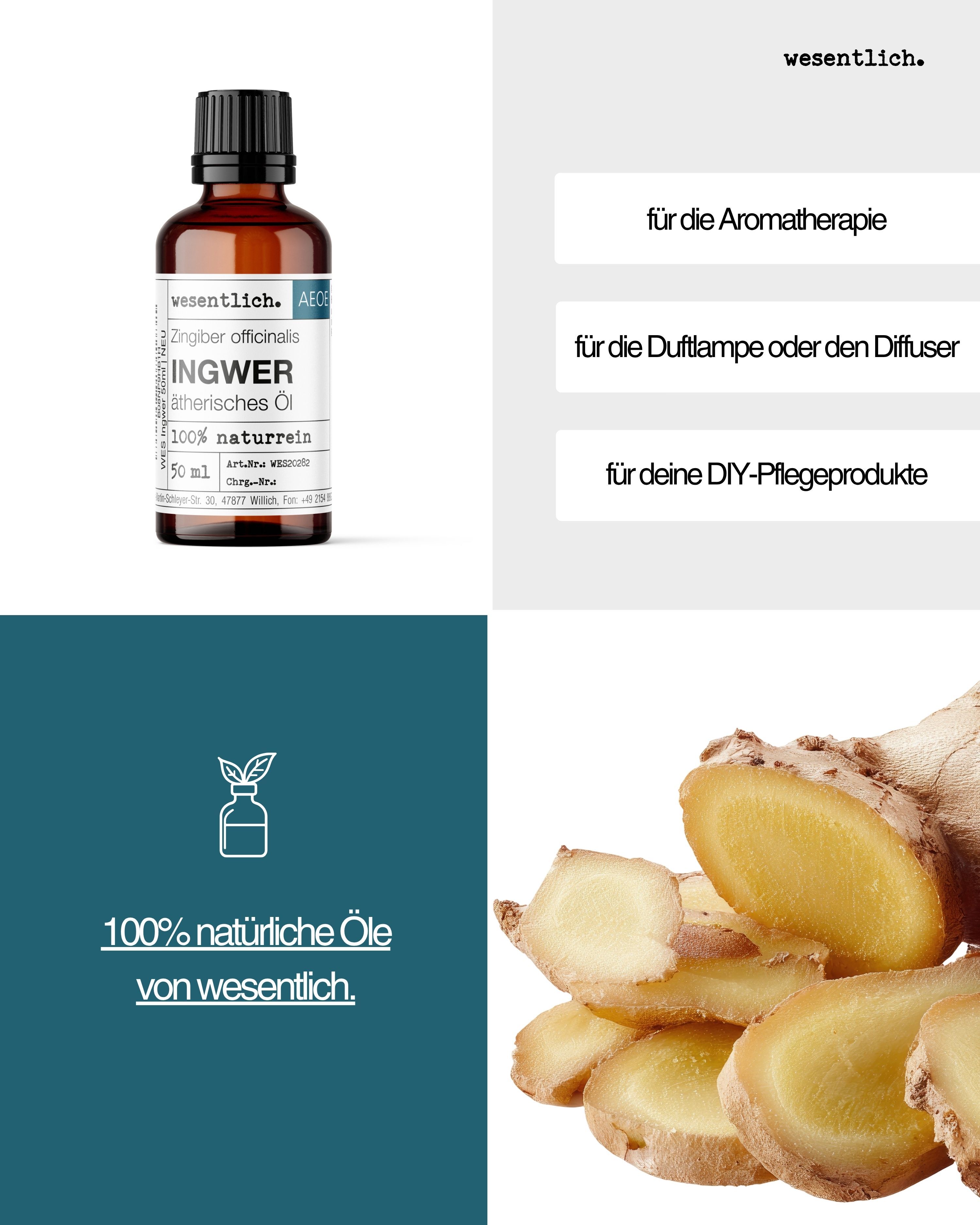 Flasche Ingweröl neben Textfeldern: "für die Aromatherapie", "für die Duftlampe oder den Diffuser", "für deine DIY-Pflegeprodukte".