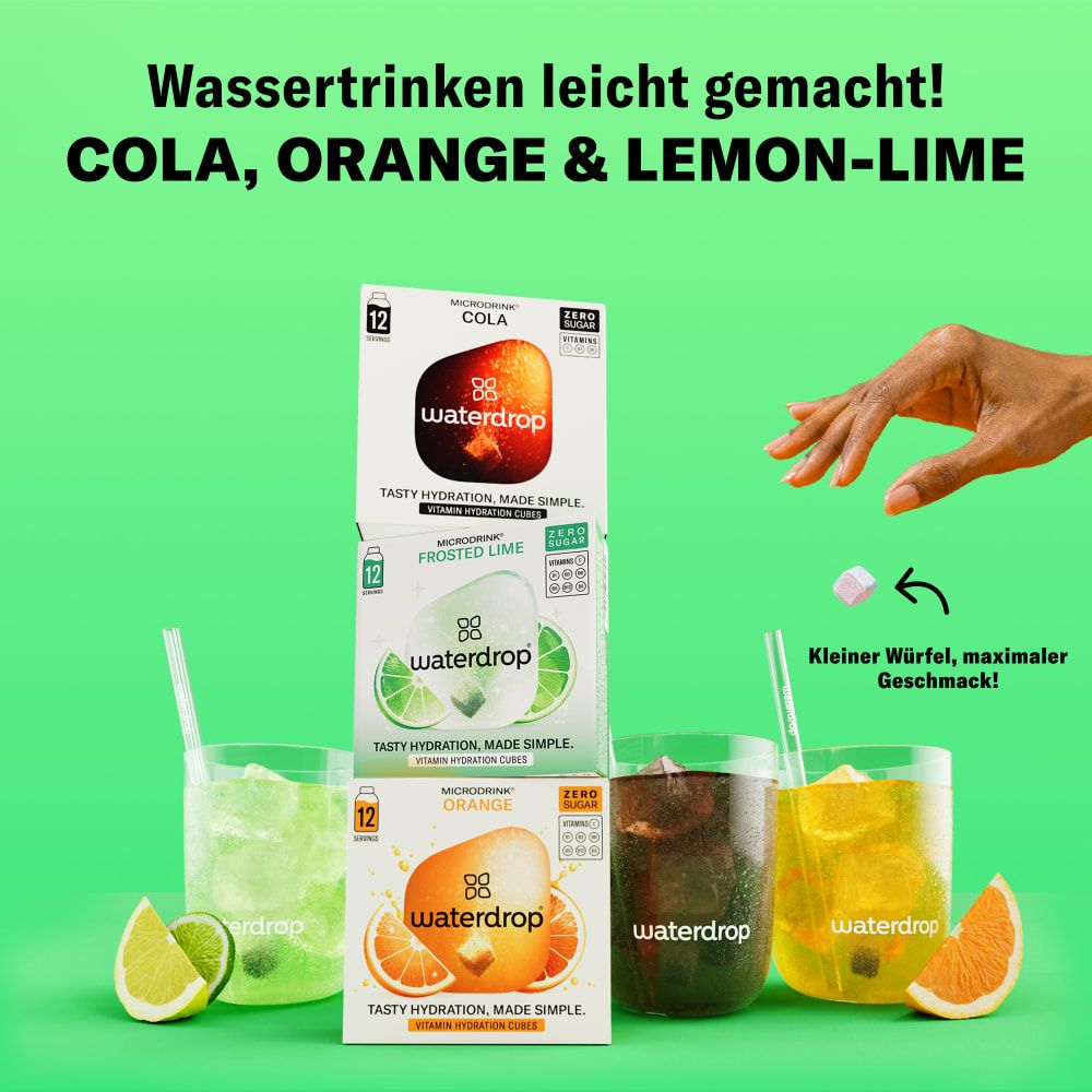 Gläser mit Cola, Orange und Lemon-Lime Getränken. waterdrop® Würfel und Boxen. Hand mit Würfel. Text: Wasserdtrinken leicht gemacht!