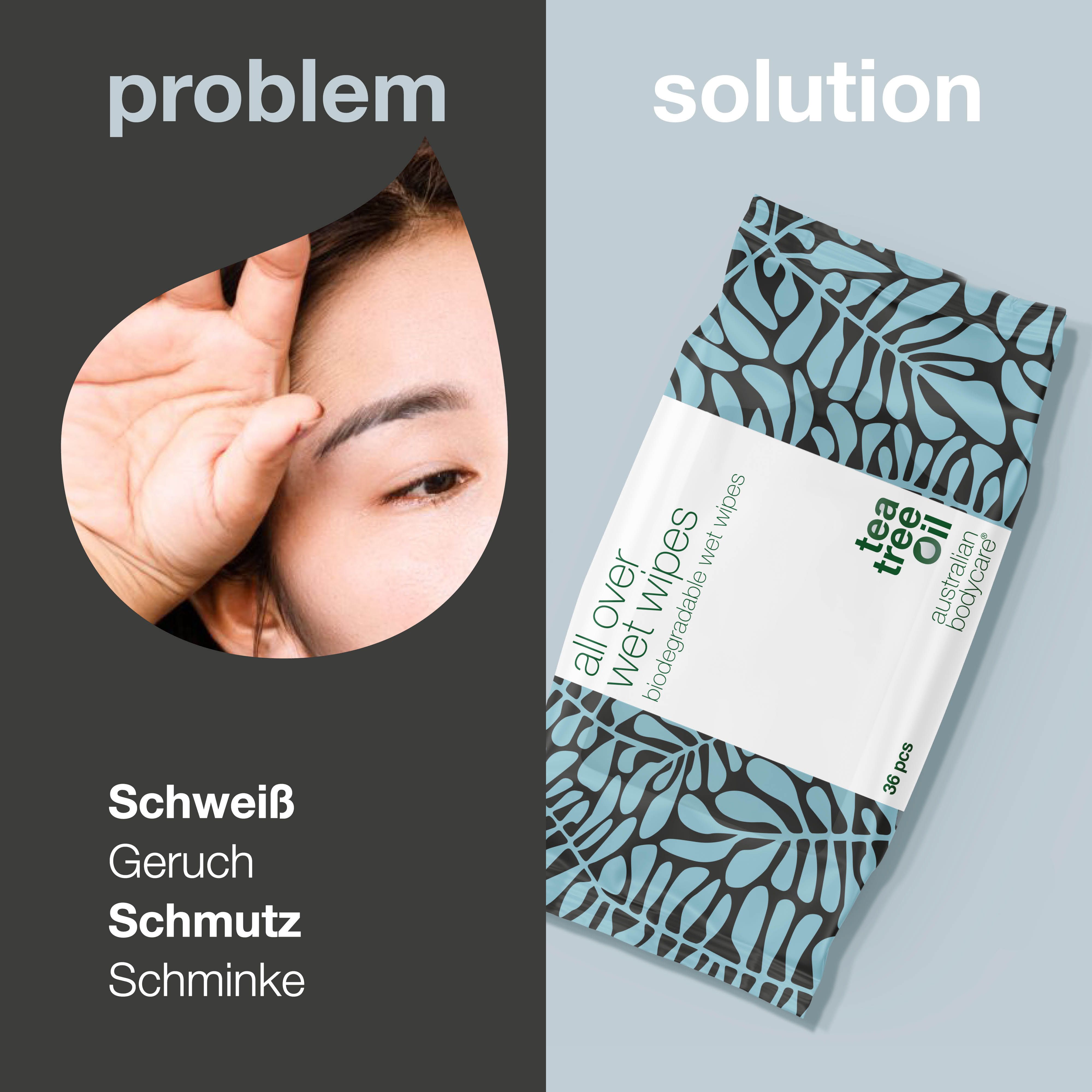 Gesicht mit Problemzonen. Rechts: Packung Feuchttücher mit Teebaumöl. Text: all over wet wipes.