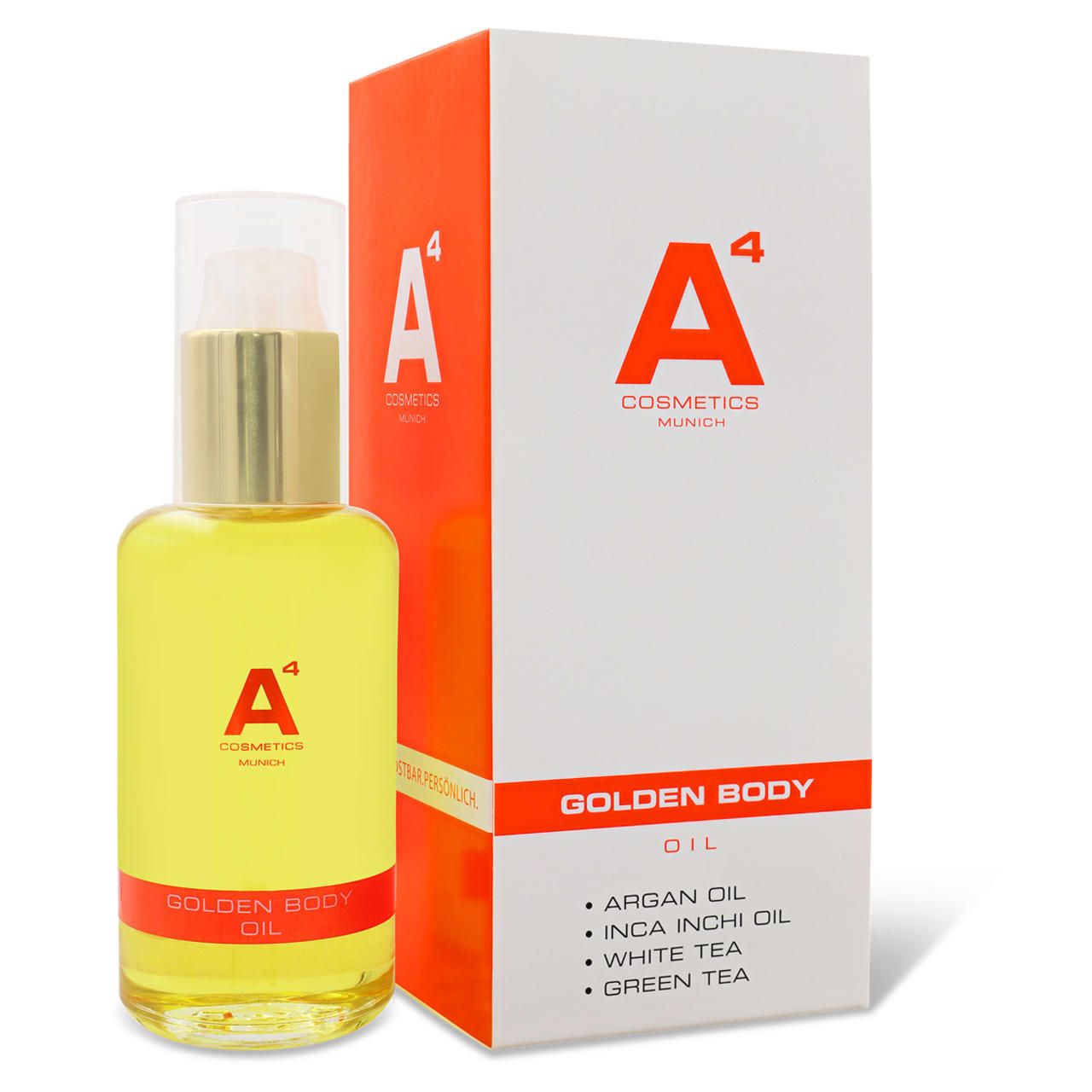 Goldfarbenes Körperöl in Glasflasche mit Spender. Rote und goldene Akzente. Aufschrift: Golden Body Oil, A4 Cosmetics.