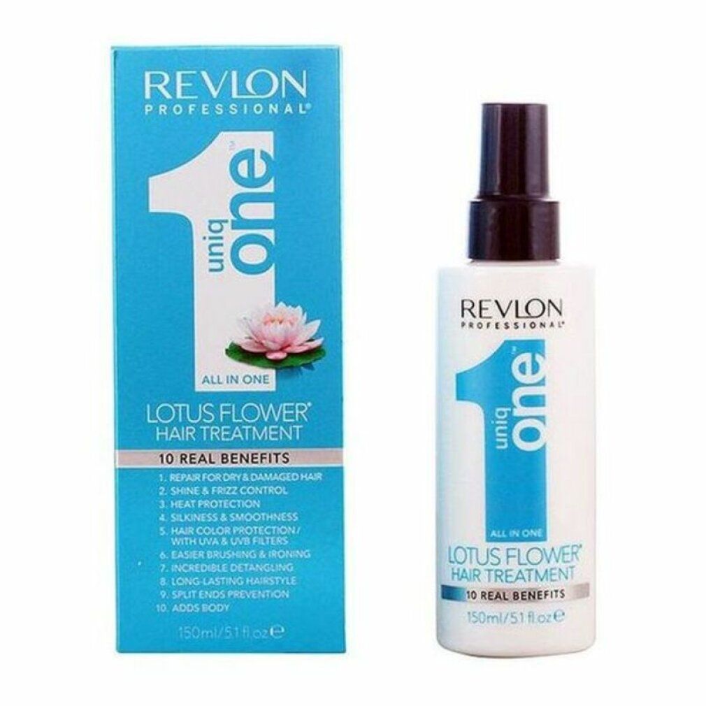 Revlon Uniq One Lotus Flower Hair Treatment. Flasche und Verpackung. Blaue Verpackung mit Produktinformationen. Weiße Flasche mit Sprühkopf.