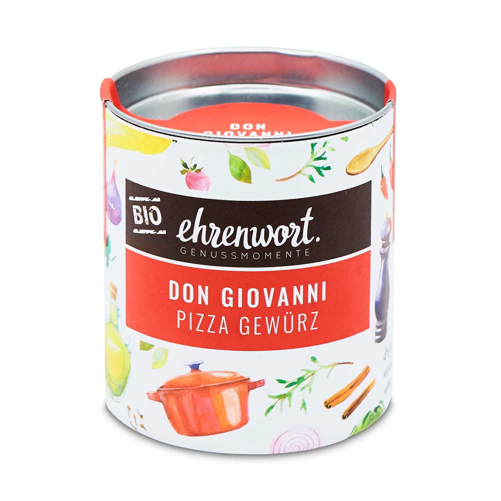 Zylindrische Dose mit "ehrenwort"-Logo und "Don Giovanni Pizza Gewürz"-Aufschrift. Bio-Siegel. Dekorative Illustrationen.