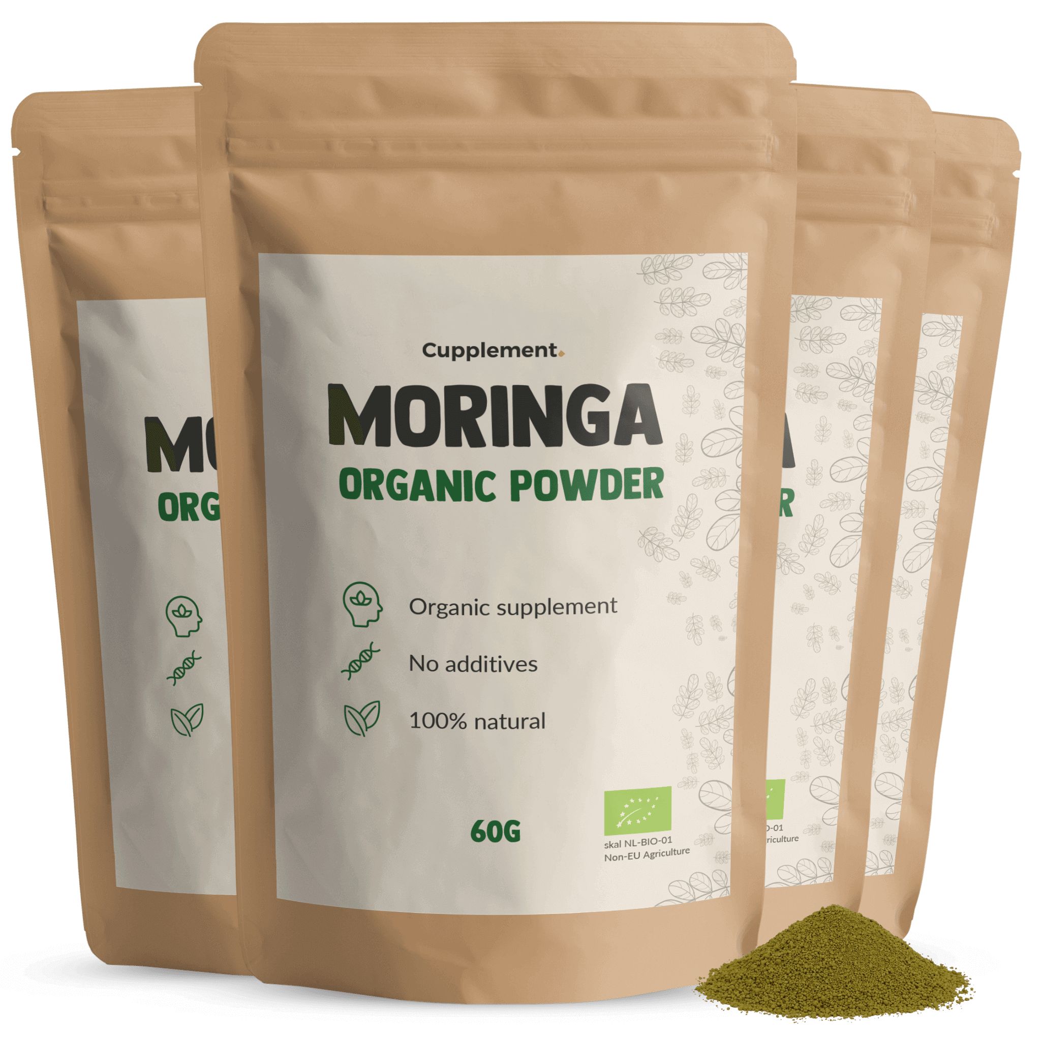 Mehrere Beutel Cupplement Moringa BIO. Braune Beutel mit weißem Etikett. 60g. Bio-Zertifizierung.