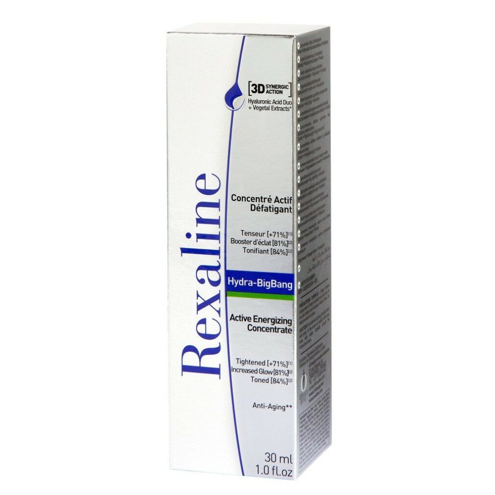 Weiße Verpackung mit Aufschrift: Rexaline, Hydra-BigBang, Active Energizing Concentrate. 30 ml.