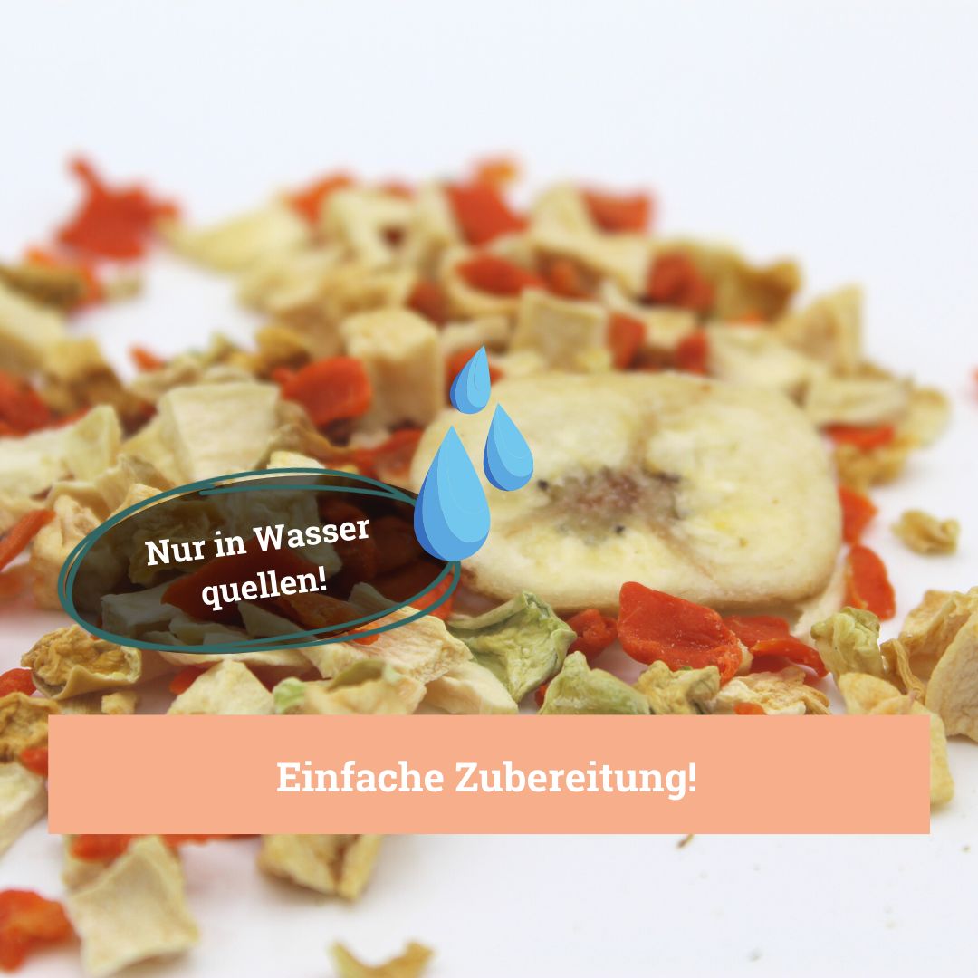 Getrocknete Gemüse- und Obststücke. Text: Nur in Wasser quellen!