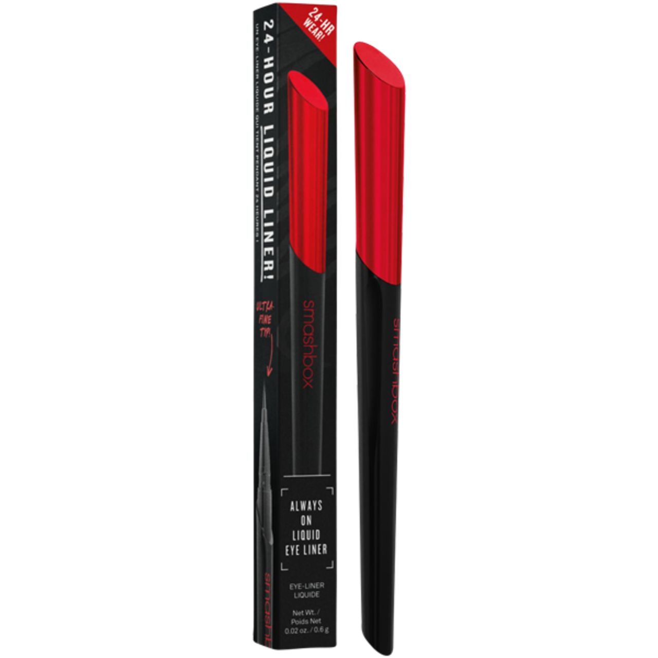 Schwarze Verpackung mit rotem Eyeliner. Text: Always On Liquid Eye Liner. Marke: Smashbox. 24-Stunden-Haltbarkeit.