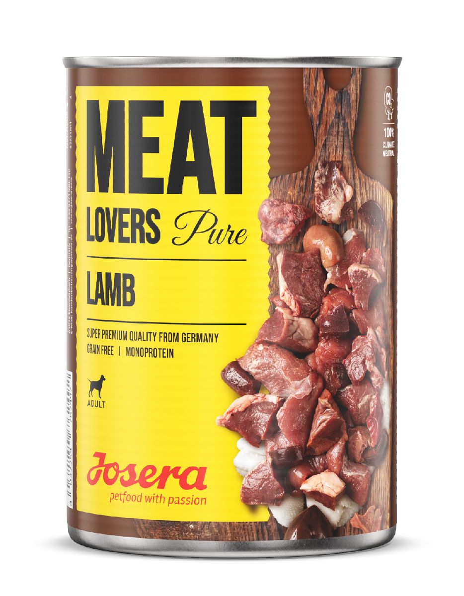 Dose JOSERA Meat Lovers Pure Lamb. Aufschrift: Meat Lovers Pure Lamb. Abbildung von Fleisch. Logo JOSERA.