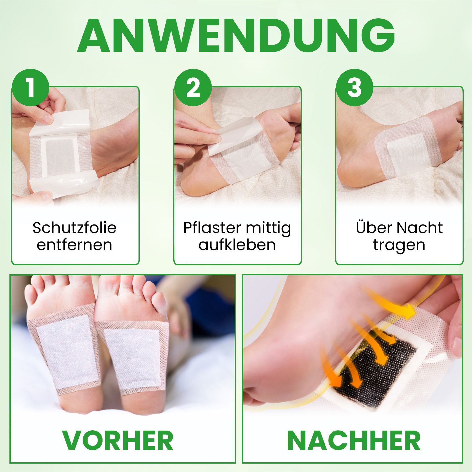 Anwendung von Fußpflastern: Entfernen, aufkleben, über Nacht tragen. Vorher/Nachher-Vergleich.