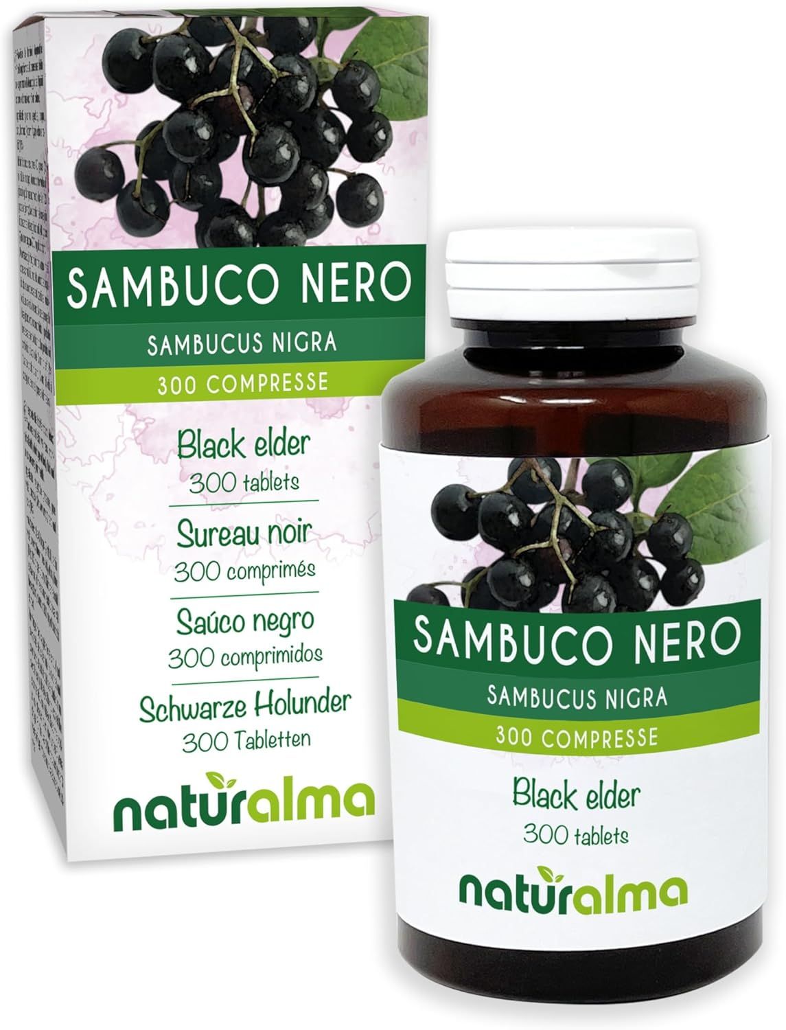 Schwarze Holunder Tabletten in einer Flasche und Schachtel. Text: Sambuco Nero, 300 Tabletten. Naturalma-Logo.