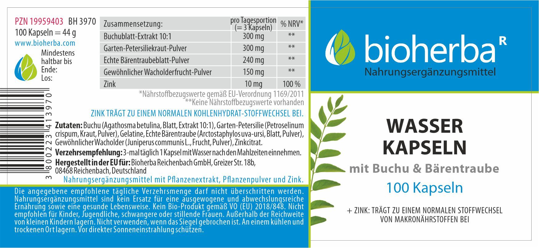 Bioherba Wasser Kapseln mit Buchu & Bärentraube