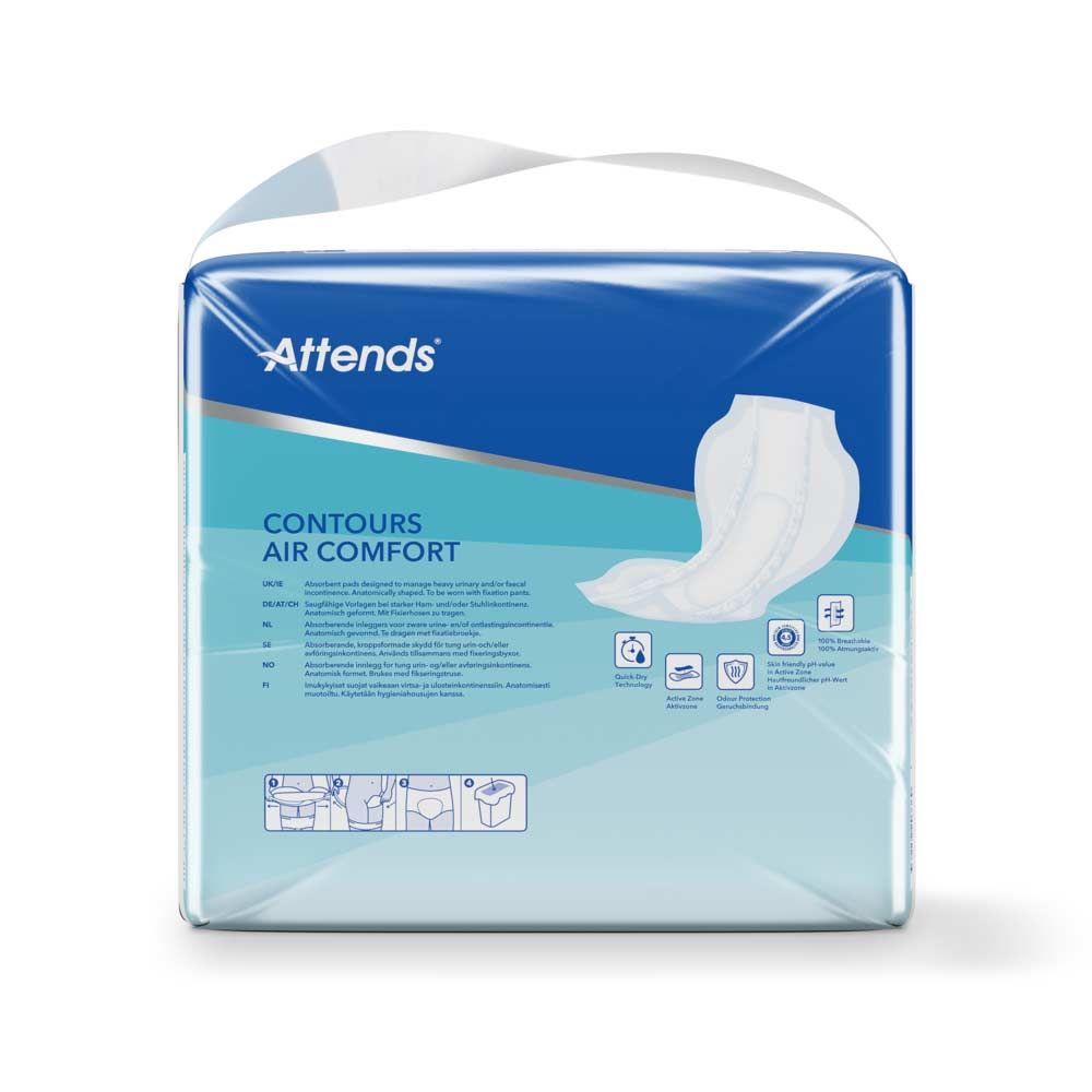 Attends Contours Air Comfort Packung. Anatomisch geformt. Aufdruck: Contours Air Comfort. Symbole für Eigenschaften. Blau-weiß.