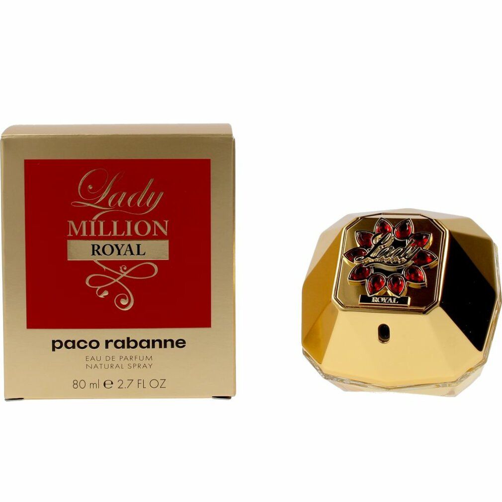 Goldfarbener Flakon und Verpackung. Auf der Verpackung steht "Lady Million Royal" und "Paco Rabanne".