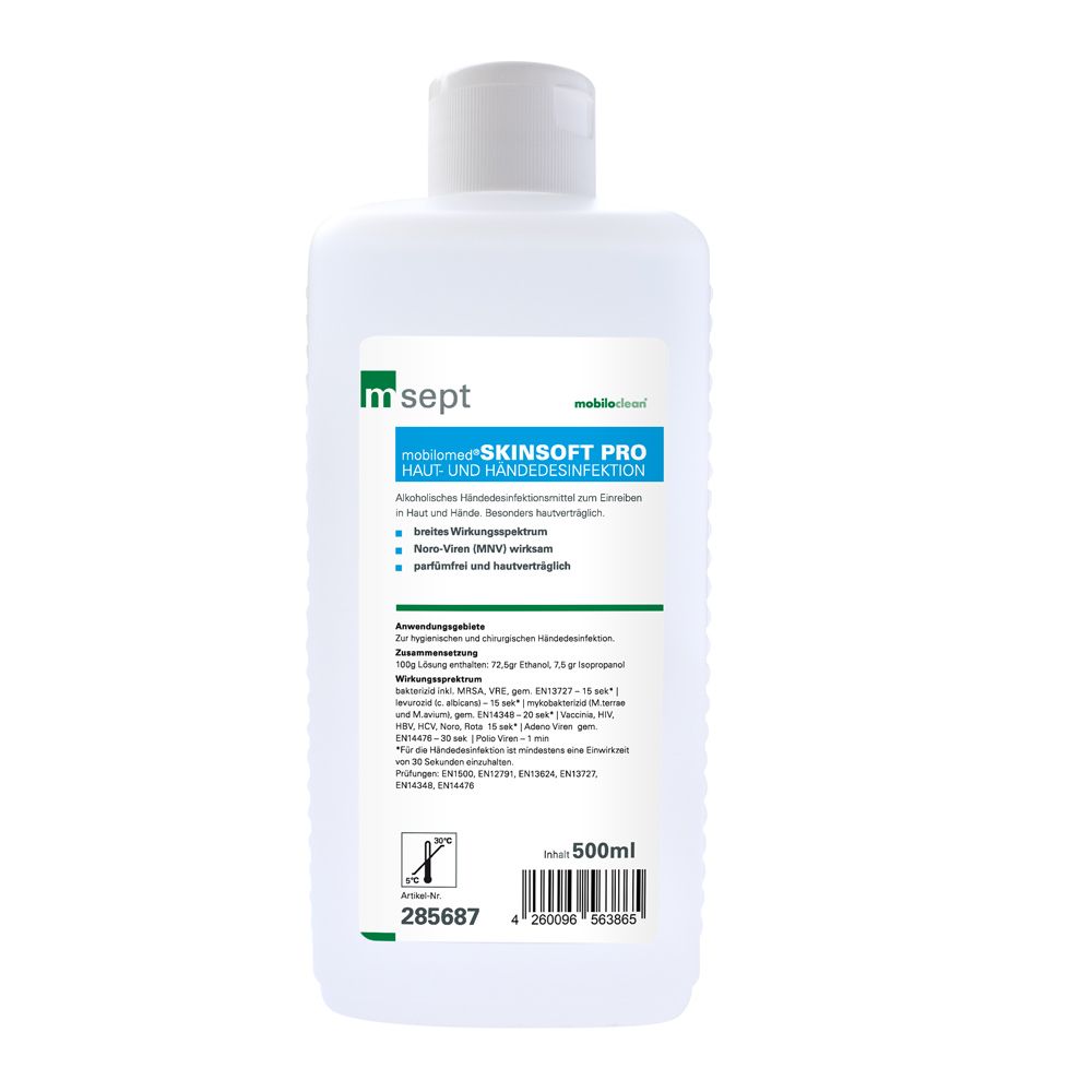 Flasche Mobiloclean msept Skinsoft Pro. Weißes Fläschchen mit blauem Etikett. Produktname und 500ml Volumenangabe.