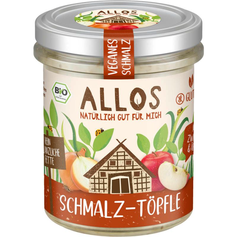 Glas mit Allos Schmalz-Töpfle. Aufschrift: Veganes Schmalz, Zwiebeln & Äpfel. Bio-Siegel. Glutenfrei.