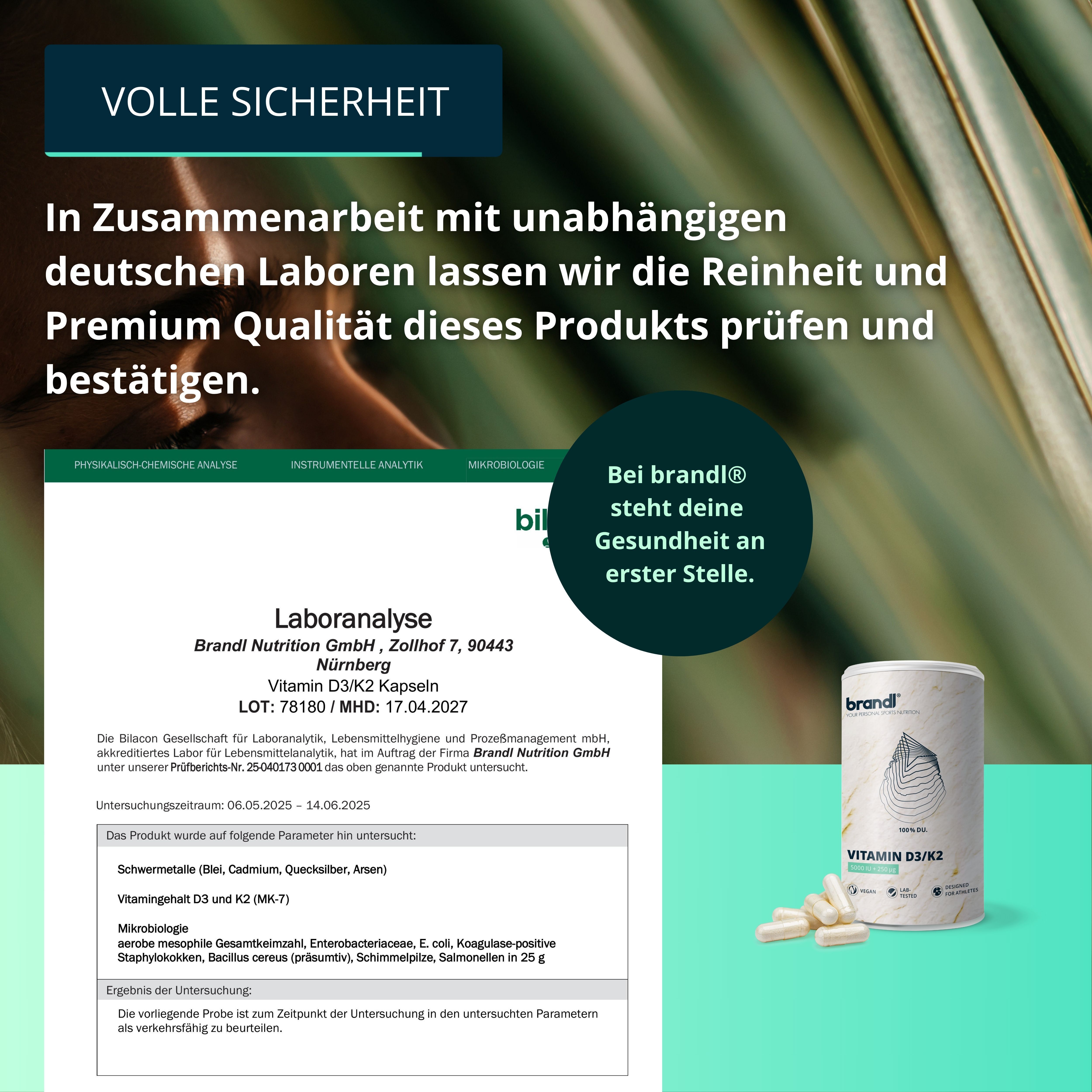 Bild mit Laboranalyse. Text: "Laboranalyse Vitamin D3/K2". Dose und Kapseln im Hintergrund. Analyseergebnisse.