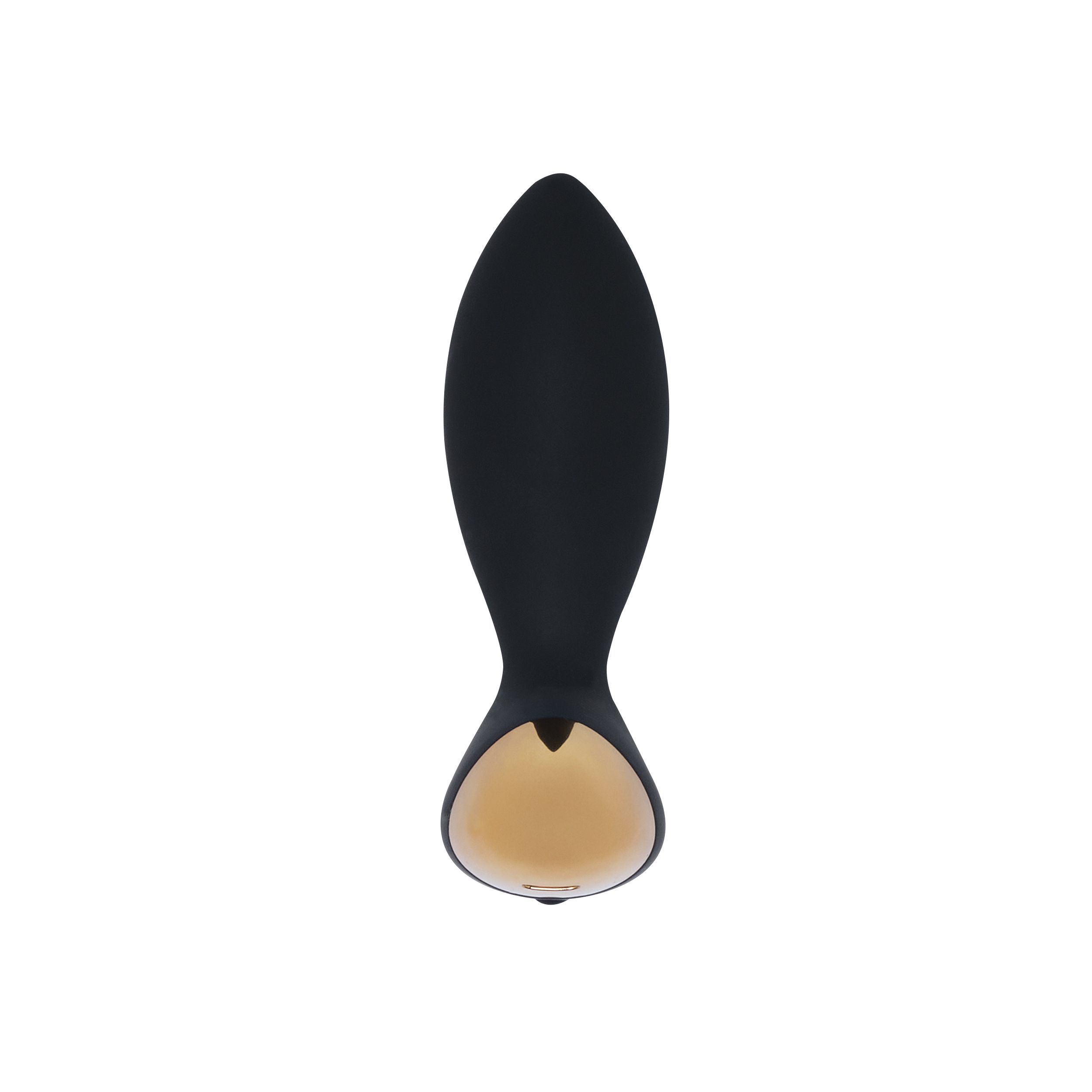 Schwarzer Analvibrator mit goldfarbenem Akzent. Längliche Form mit abgerundeter Spitze und Basis.