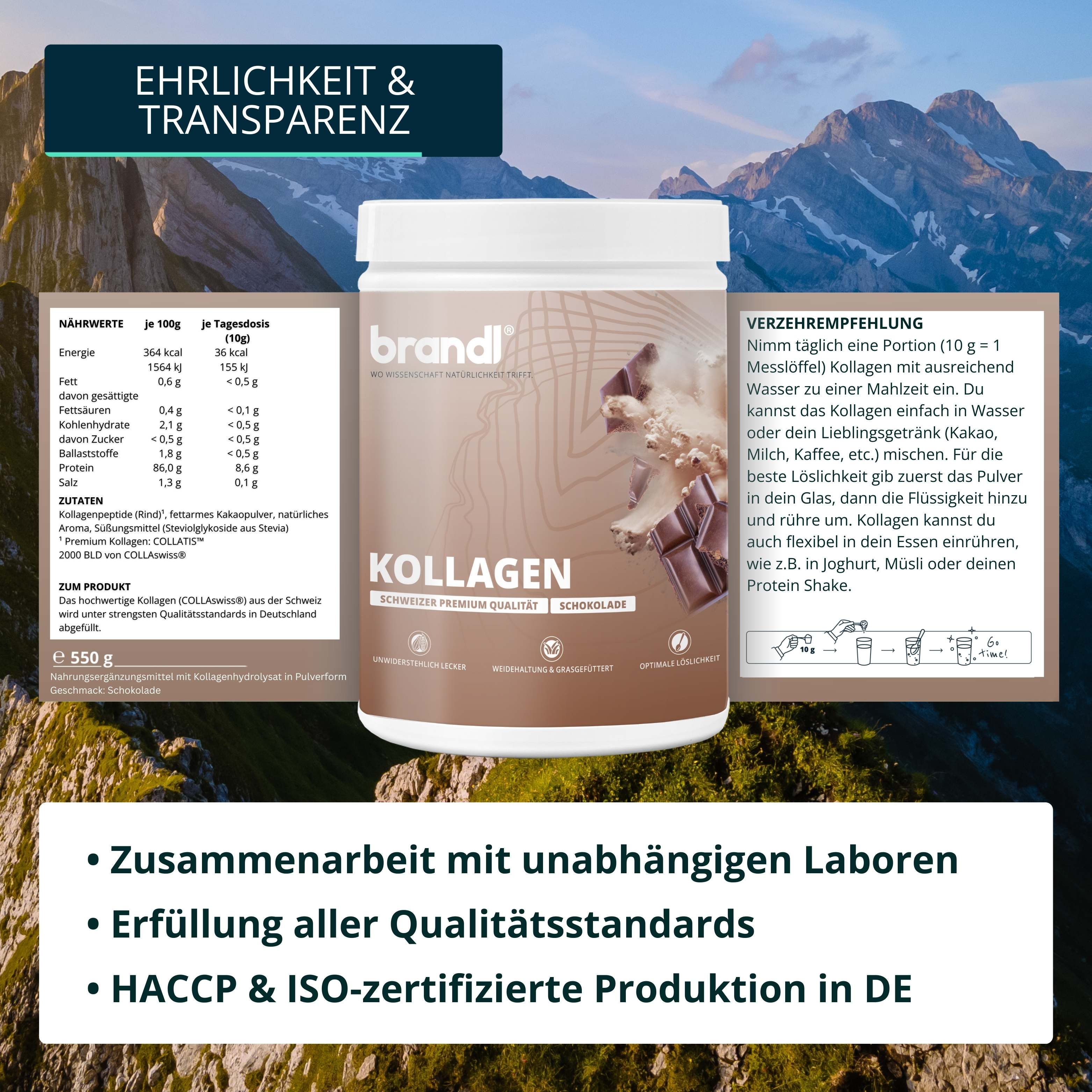 Produktglas mit Text und Nährwertangaben. Text: Zusammenarbeit mit unabhängigen Laboren. Erfüllung aller Qualitätsstandards. Zertifizierte Produktion.