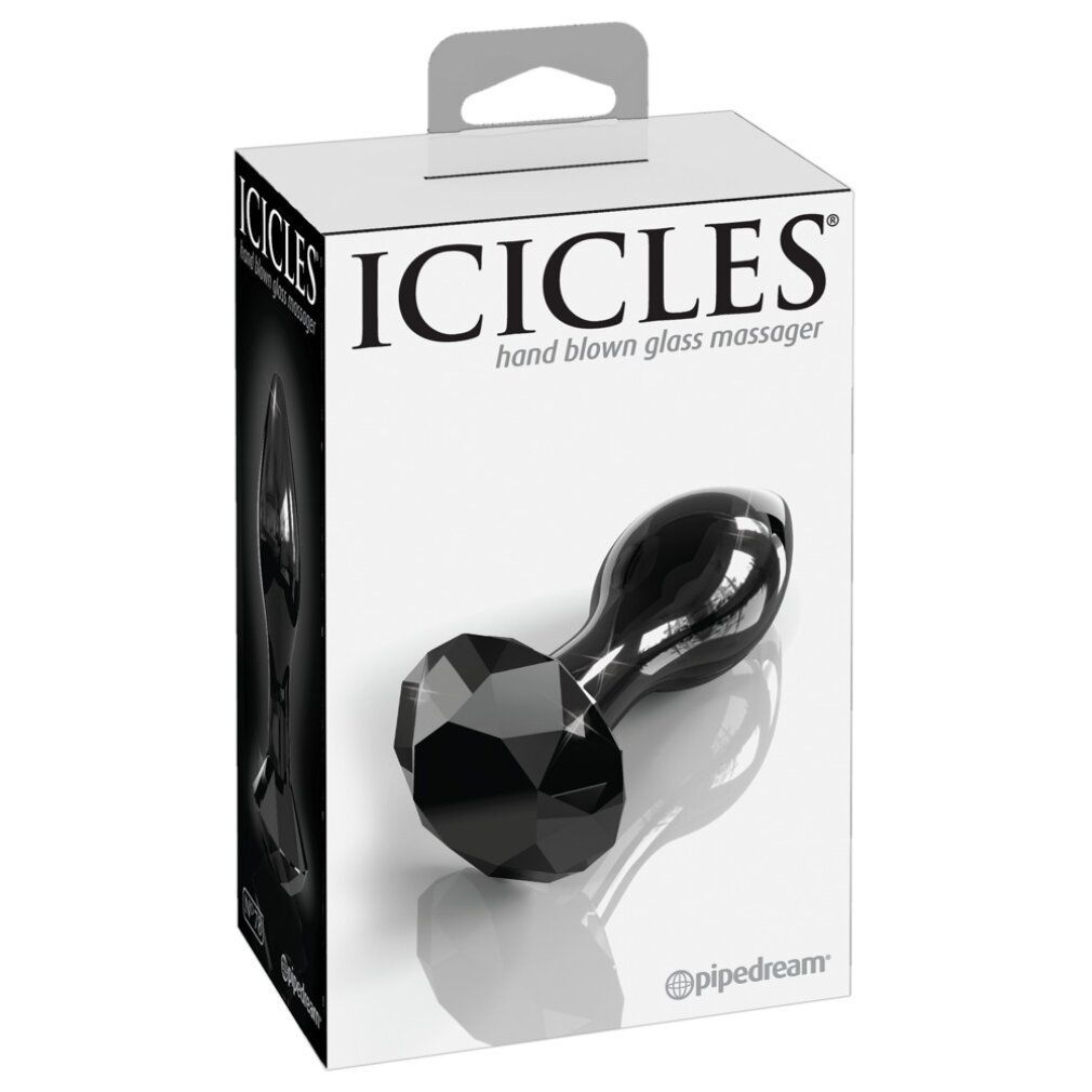Schwarzer Glas-Analplug in Verpackung. Aufdruck: ICICLES, hand blown glass massager. Marke: pipedream.